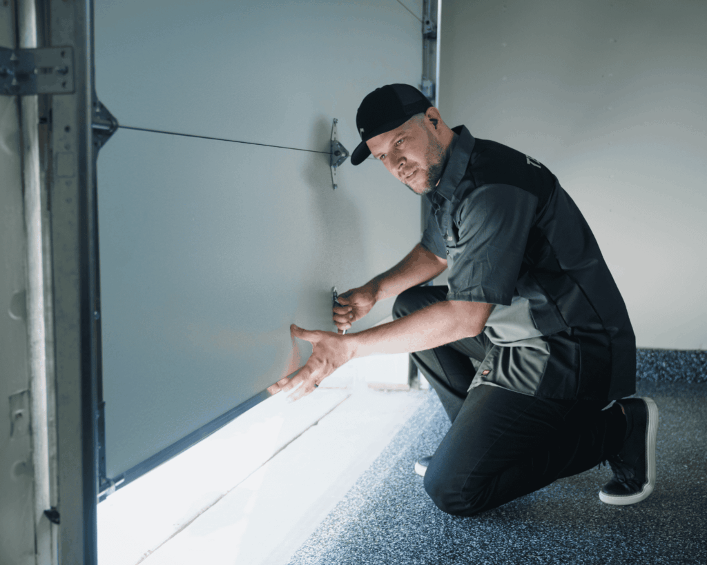 A Garage Up technician that is doing the final touch ups on a garage door repair project.