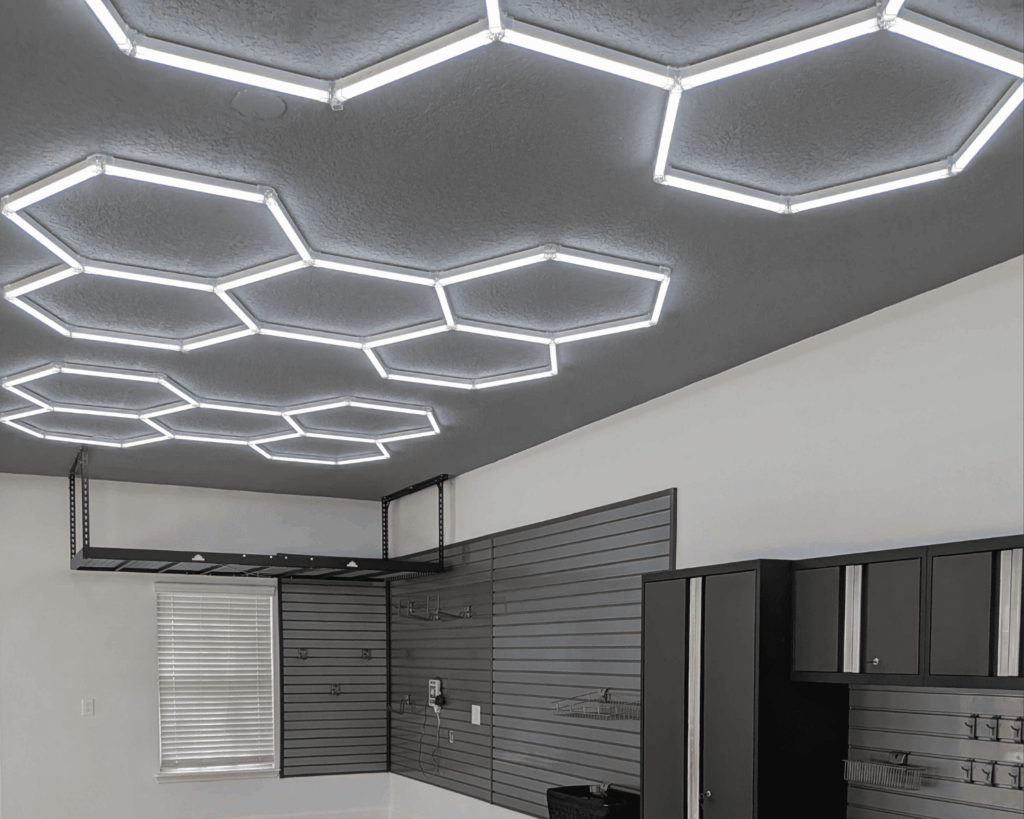 Hexagon lighting in a newly renovated garage.