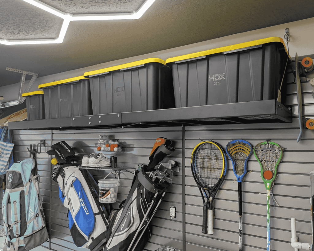 Garage renovation taking place to help with storage and functionality.